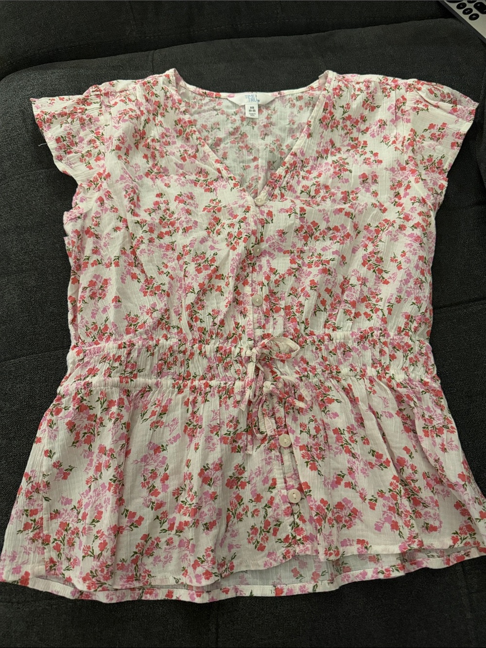 Time and Tru Pink Floral Drawstring Peplum Blouse